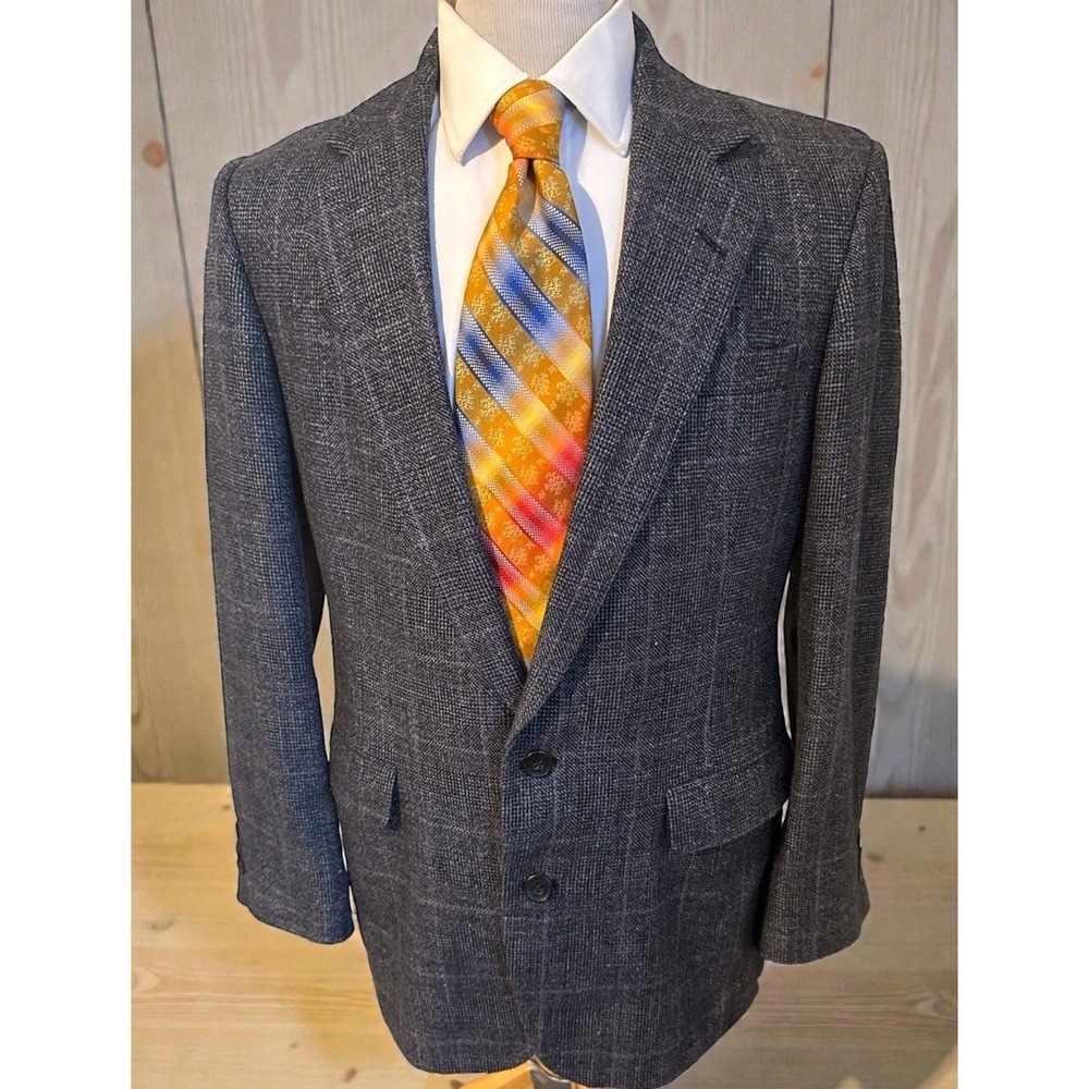 VTG Haggar Imperial Sz 42R Black Gray Plaid Silk Wool Sport Coat Jacket Blazer‎